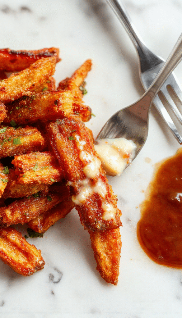 A close-up of golden-brown crispy sweet potato fries arranged on a rustic wooden platter, sprinkled with fresh herbs, with a bowl of dipping sauce beside them, showcasing a vibrant orange hue and crunchy texture.