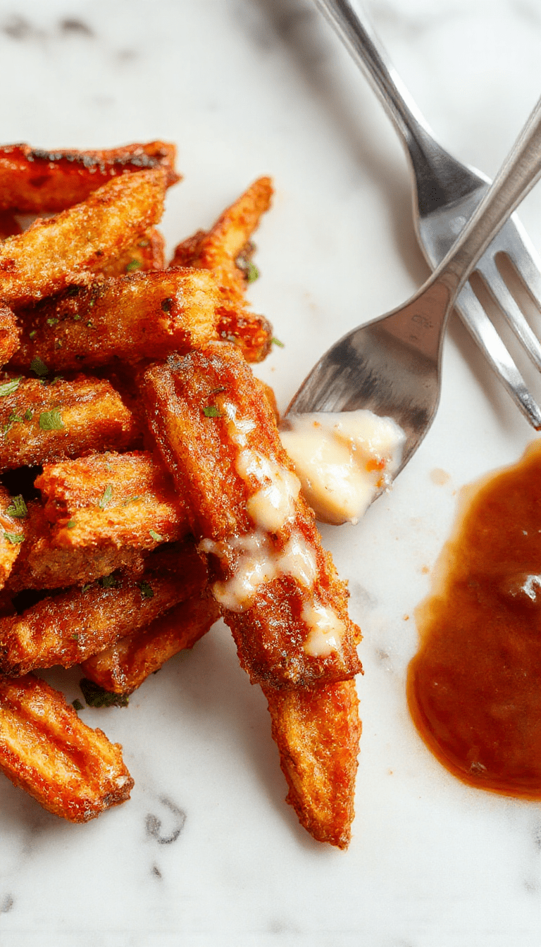A close-up of golden-brown crispy sweet potato fries arranged on a rustic wooden platter, sprinkled with fresh herbs, with a bowl of dipping sauce beside them, showcasing a vibrant orange hue and crunchy texture.