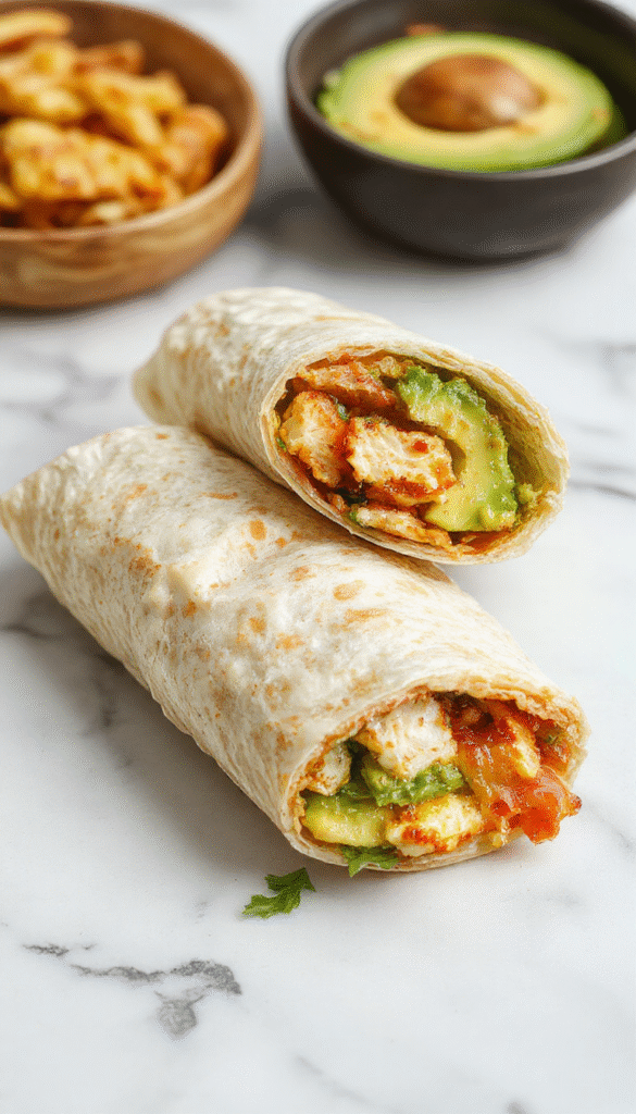 Colorful chicken avocado wraps arranged on a rustic wooden platter with fresh lettuce, ripe avocado slices, juicy tomato pieces, and crispy tortilla shells, garnished with herbs and drizzled with sauce, showcasing vibrant green, red, and golden hues with appetizing textures.