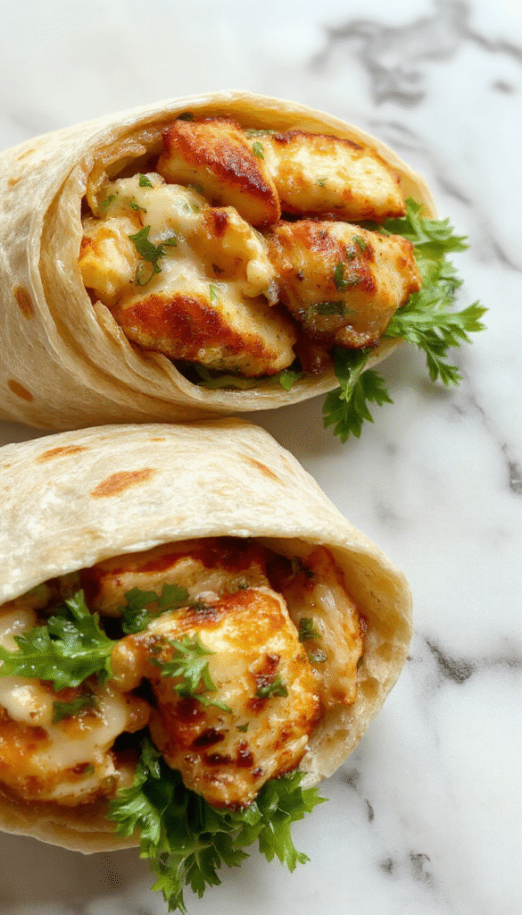 Colorful Chicken Caesar Wrap with crispy lettuce, grilled chicken slices, creamy Caesar dressing, and grated Parmesan cheese wrapped in a soft flour tortilla, styled on a rustic wooden plate with fresh ingredients around