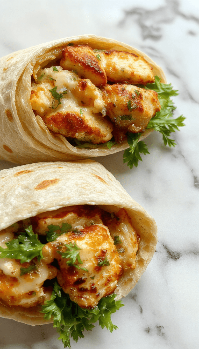 Colorful Chicken Caesar Wrap with crispy lettuce, grilled chicken slices, creamy Caesar dressing, and grated Parmesan cheese wrapped in a soft flour tortilla, styled on a rustic wooden plate with fresh ingredients around