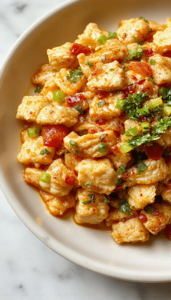 A vibrant plate of chicken chow mein featuring golden stir-fried noodles mixed with tender chicken pieces, colorful vegetables like bell peppers and carrots, garnished with scallions and sesame seeds. The dish is served on a clean white plate with a glossy finish, showcasing a perfect balance of textures and bright colors, styled with chopsticks on the side for an authentic touch.