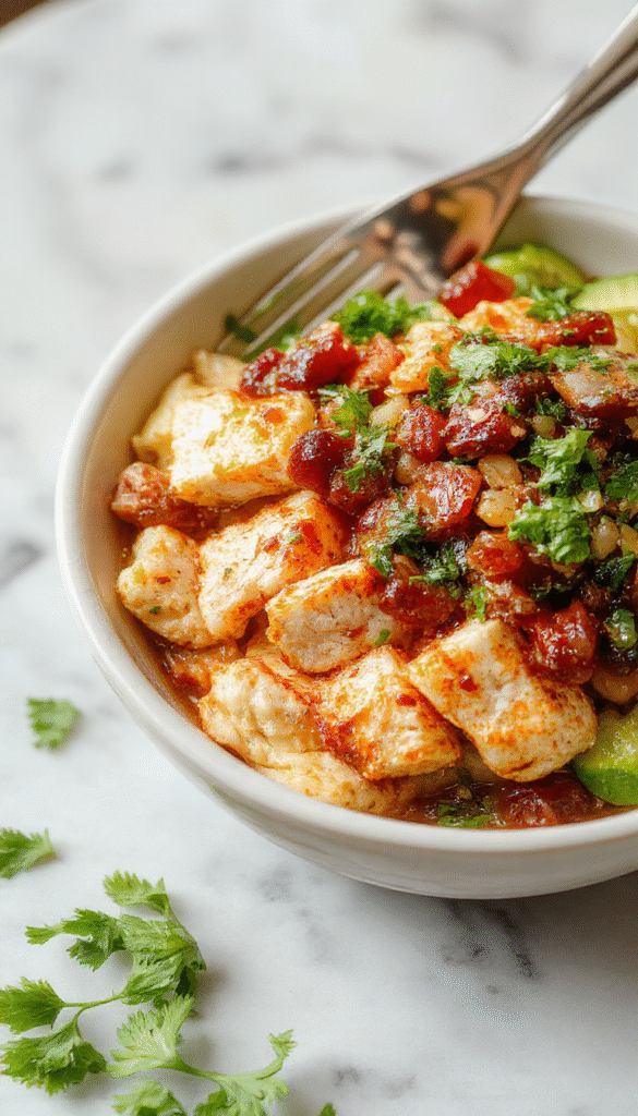 Colorful chicken fajita burrito bowl featuring grilled chicken strips, vibrant red and green bell peppers, onions, black beans, and rice topped with fresh cilantro and lime wedges, all neatly arranged in a white ceramic bowl with a rustic background.