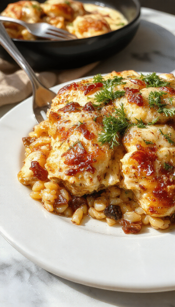 A close-up of a golden-brown baked casserole dish topped with melted cheese and caramelized onions, with tender pieces of chicken and pasta visible inside, styled on a rustic wooden table with fresh herbs scattered around.