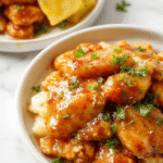 Colorful plated dish featuring tender shredded chicken coated in a glossy sweet Hawaiian sauce, garnished with diced pineapple and chopped green onions, presented on a rustic white plate against a vibrant tropical background with fresh ingredients around.