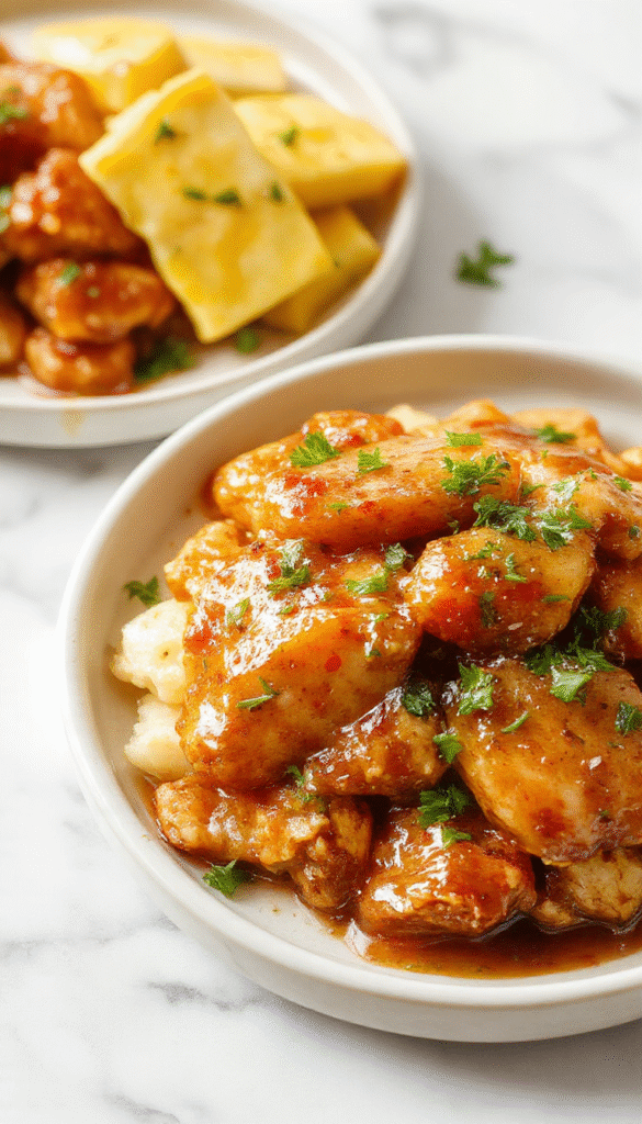 Colorful plated dish featuring tender shredded chicken coated in a glossy sweet Hawaiian sauce, garnished with diced pineapple and chopped green onions, presented on a rustic white plate against a vibrant tropical background with fresh ingredients around.