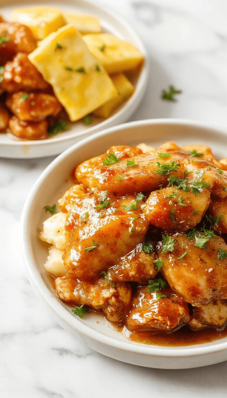 Colorful plated dish featuring tender shredded chicken coated in a glossy sweet Hawaiian sauce, garnished with diced pineapple and chopped green onions, presented on a rustic white plate against a vibrant tropical background with fresh ingredients around.