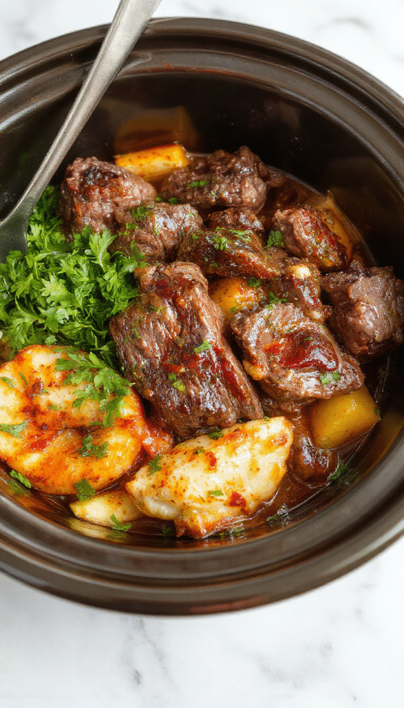 A vibrant plate of tender pepper steak served over rice with colorful bell peppers, glossy sauce, and garnished with fresh herbs on a rustic wooden table