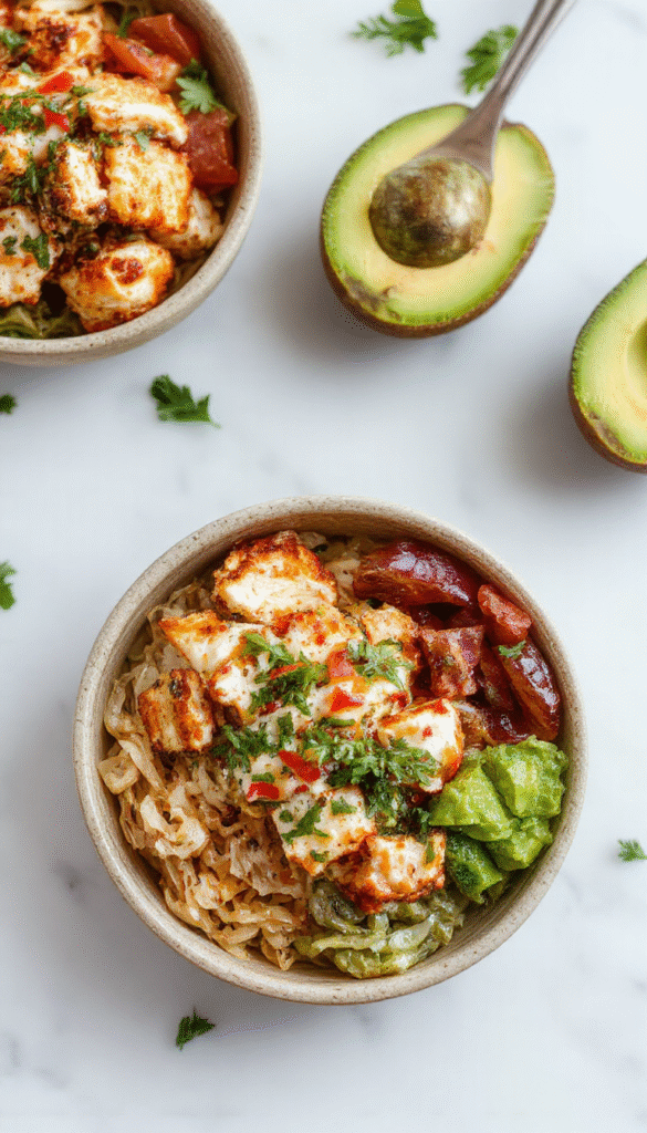 Colorful Southwest Chicken Burrito Bowls featuring seasoned grilled chicken, vibrant red and green bell peppers, black beans, corn, crispy tortilla strips, all arranged in a white ceramic bowl. The dish is topped with fresh cilantro, shredded cheese, and a drizzle of creamy sauce, styled with fresh lime wedges on a rustic wooden table with a bright, inviting background.