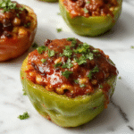 Colorful bell peppers filled with seasoned taco meat and melted cheese, garnished with fresh cilantro and a dollop of sour cream, arranged on a white plate with vibrant textures and steaming hot presentation.