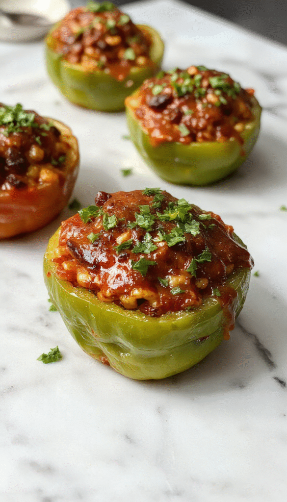 Colorful bell peppers filled with seasoned taco meat and melted cheese, garnished with fresh cilantro and a dollop of sour cream, arranged on a white plate with vibrant textures and steaming hot presentation.