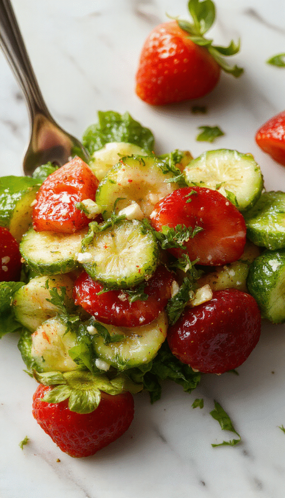 A vibrant bowl of fresh cucumber and strawberry salad featuring sliced cucumbers and bright red strawberries, garnished with mint leaves on a white ceramic plate, styled simply with a light drizzle of dressing, lush green background accentuating the colorful ingredients