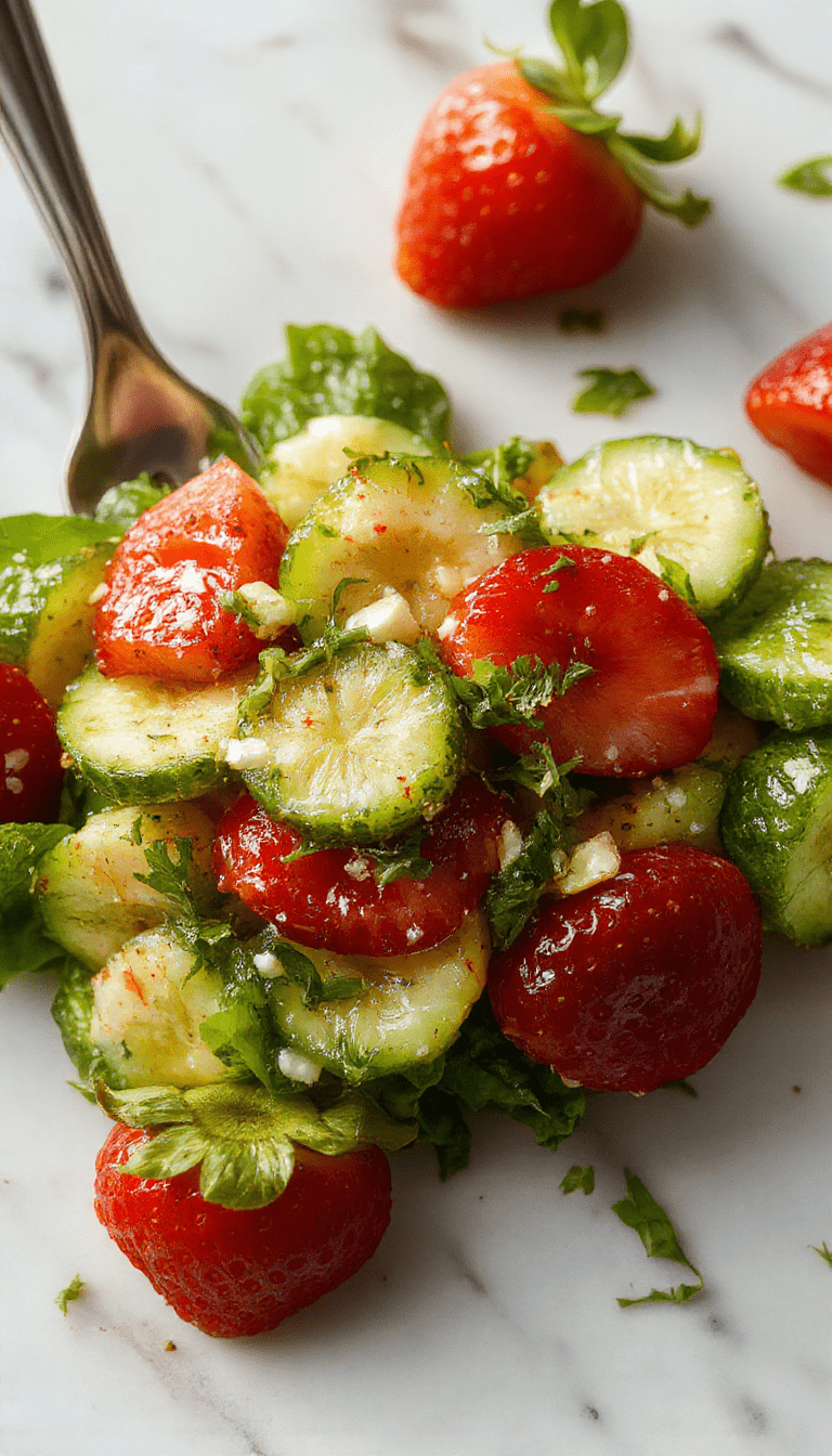 A vibrant bowl of fresh cucumber and strawberry salad featuring sliced cucumbers and bright red strawberries, garnished with mint leaves on a white ceramic plate, styled simply with a light drizzle of dressing, lush green background accentuating the colorful ingredients
