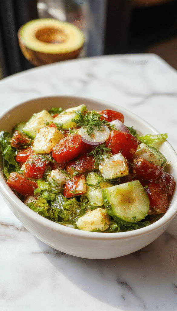 Vibrant Mediterranean salad served in a white ceramic bowl, featuring chopped fresh cucumbers, juicy tomatoes, thinly sliced onions, and herbs with a drizzle of olive oil, presented on a rustic wooden table with a focus on the colorful ingredients and textures.