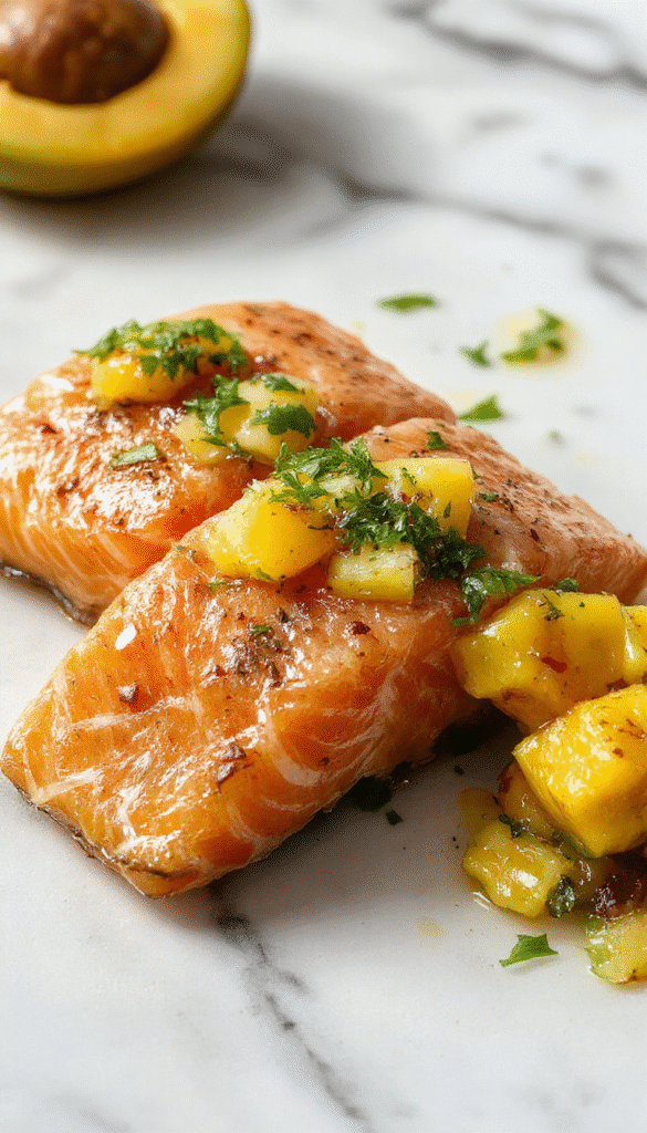 A vibrant plate featuring a perfectly cooked salmon fillet topped with a colorful fresh mango salsa, garnished with herbs. The dish is plated on a rustic white plate with a side of greens, showcasing bright orange mango, green herbs, and flaky pink salmon with a luscious texture.