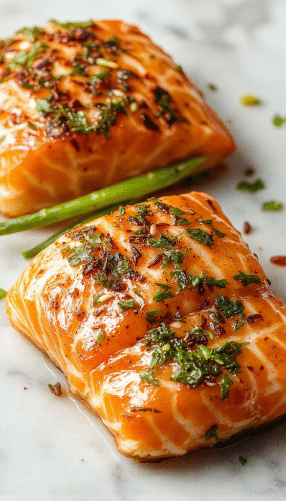 Colorful plated air fryer salmon fillet with crispy golden crust, vibrant green herbs garnish, served on a white ceramic plate, showcasing the tender pink flesh and crispy edges, styled with lemon wedges and fresh herbs for an elegant dining presentation.
