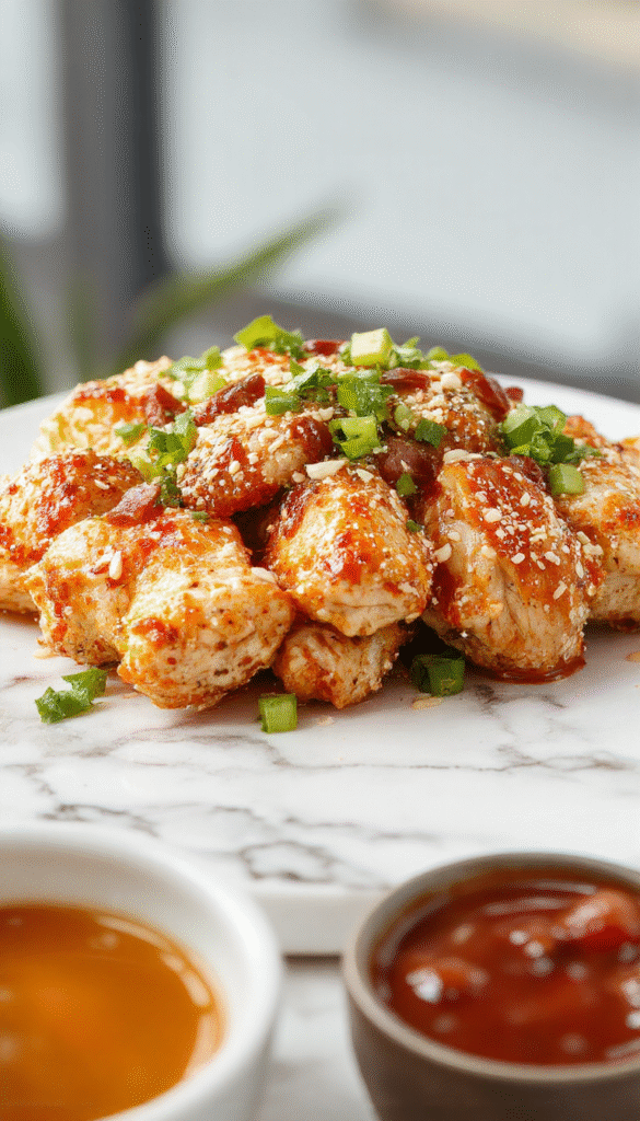 A vibrant plate of sesame chicken showcasing crispy golden-brown chicken pieces coated in a glossy sesame sauce, garnished with toasted sesame seeds and chopped green onions on a white ceramic dish, with a colorful background of fresh vegetables and a sprig of cilantro