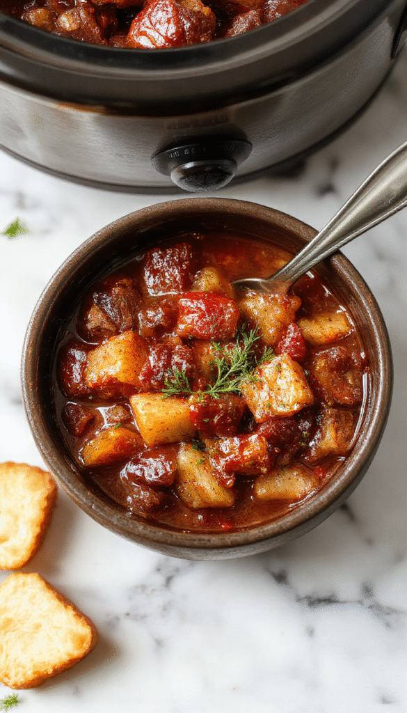 A rustic bowl filled with rich, hearty poor man's stew featuring chunks of beef, potatoes, carrots, and celery in a thick, savory broth. The stew is garnished with fresh herbs and served on a wooden table with a spoon resting beside. The vibrant colors of the vegetables contrast with the deep brown of the beef and broth, creating an appetizing and homey presentation.