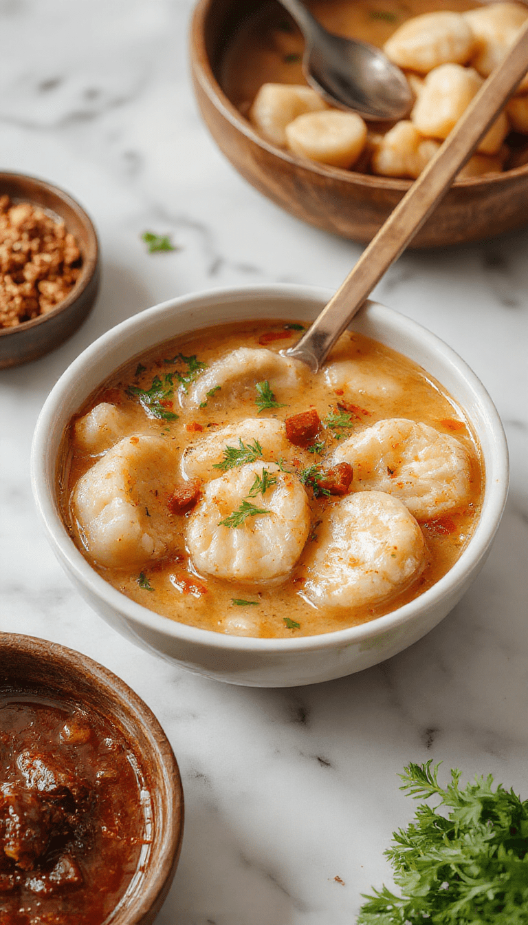 A vibrant bowl of potsticker soup featuring golden-brown dumplings nestled in a rich, clear broth with fresh green onions and leafy herbs garnishing the top, served on a rustic wooden table with chopsticks and a spoon nearby.
