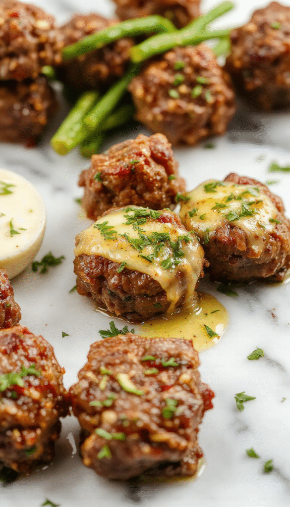 A close-up of tender beef bites cooked in garlic butter, garnished with fresh herbs, served on a white plate with a rustic wooden background, highlighting their juicy, crispy edges and glossy sauce.