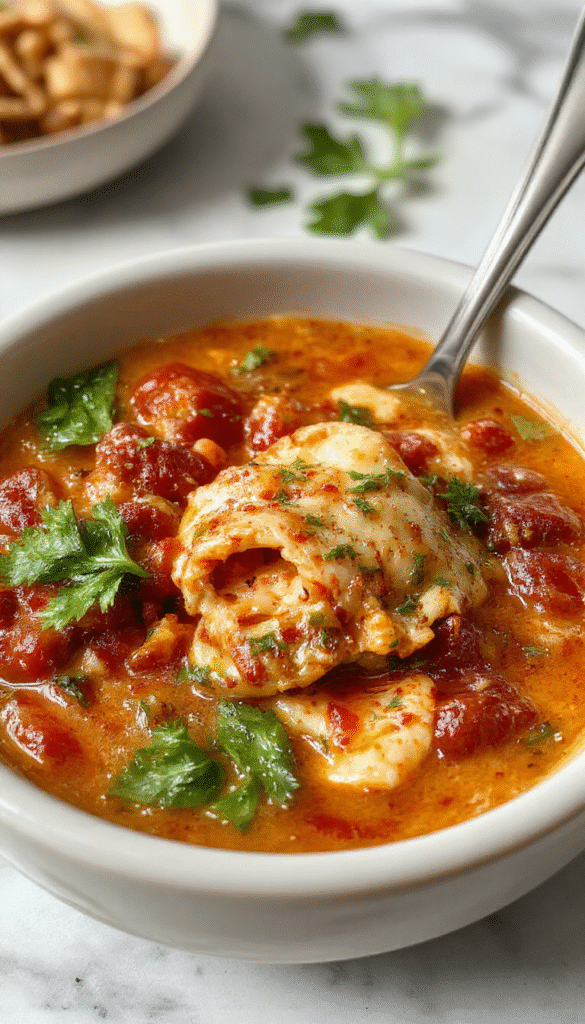 A vibrant bowl of high protein lasagna soup featuring layers of melted cheese, diced tomatoes, ground meat, and fresh herbs on a rustic wooden table. The soup has a hearty, cheesy top with visible pasta and garnished with basil leaves. The colors range from deep reds, creamy whites, and fresh greens, styled with a spoon draped on the side, inviting comfort and nourishment.