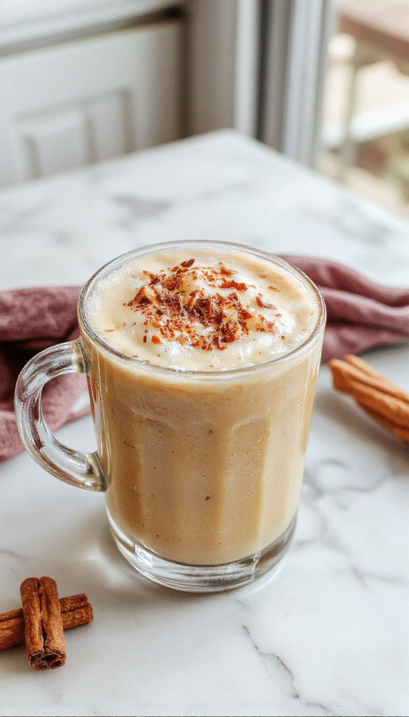 A beautifully styled clear glass mug filled with a rich, creamy vanilla cinnamon latte topped with a swirl of whipped cream, cinnamon dusting, and vanilla bean pod garnish. The latte displays a warm caramel hue, with layered textures from the foam and coffee, set against a rustic wooden table with cinnamon sticks and vanilla beans nearby, styled for a cozy, inviting atmosphere.
