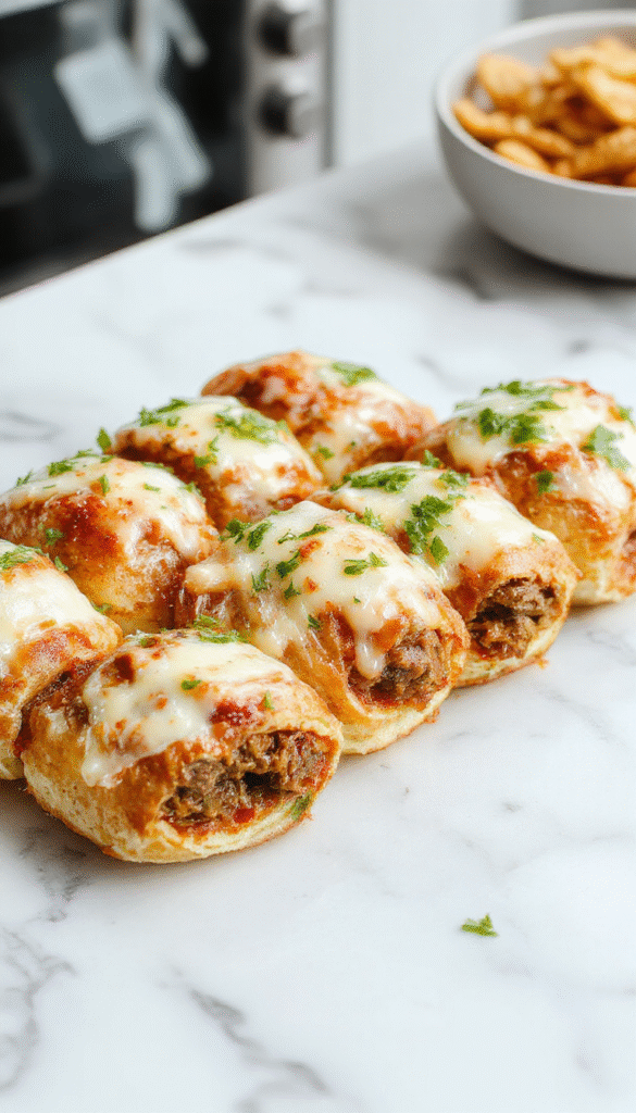 A close-up of golden-brown keto Philly cheesesteak rolls garnished with fresh chopped herbs on a rustic wooden platter. The rolls have a crispy exterior with melted cheese and thinly sliced steak visible. The background features a vibrant green salad and a small bowl of dipping sauce, styled with natural lighting emphasizing textures and rich colors.