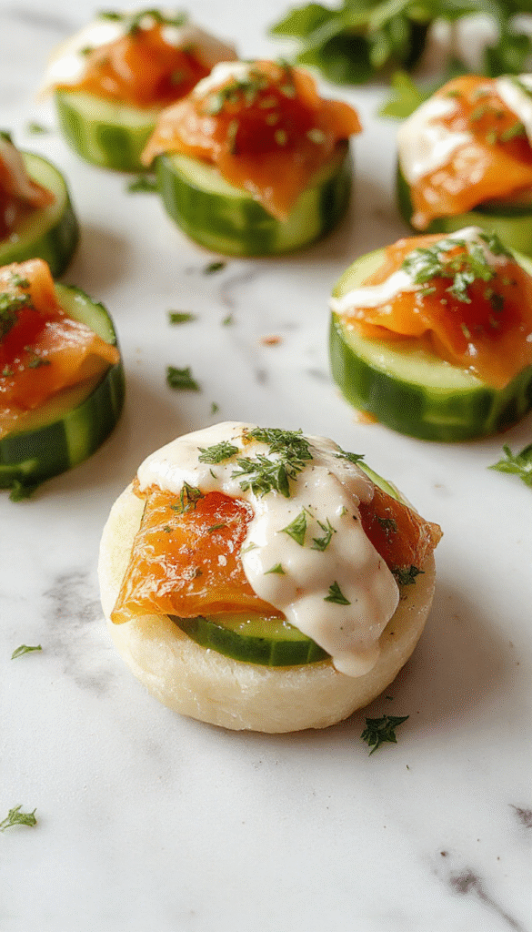 Colorful close-up of elegant cucumber slices topped with smoked salmon, creamy dill sauce, and fresh herbs, arranged neatly on a white platter with a blurred background of a dining setup.