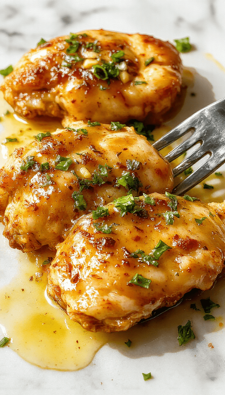 A close-up of a plated garlic butter chicken dish featuring golden-brown chicken breasts coated in a glossy garlic butter sauce, garnished with fresh parsley, served on a white plate with a rustic wooden background and vibrant green herbs.