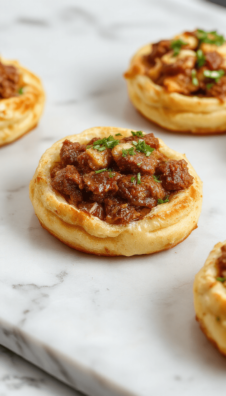 Golden brown puff pastries filled with tender pulled beef, garnished with fresh herbs, served on a rustic wooden platter. The flaky pastry contrasts with the juicy beef filling, creating an appetizing scene perfect for entertaining. Bright lighting highlights the crispy textures and rich colors of the dish.