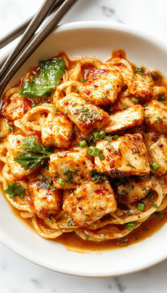 A vibrant bowl of sticky garlic chicken noodles featuring juicy golden chicken pieces coated in glossy, aromatic garlic sauce atop tender stir-fried noodles, garnished with fresh green herbs, and served in a white ceramic bowl on a rustic wooden table with a side of chopped scallions and red chili slices.
