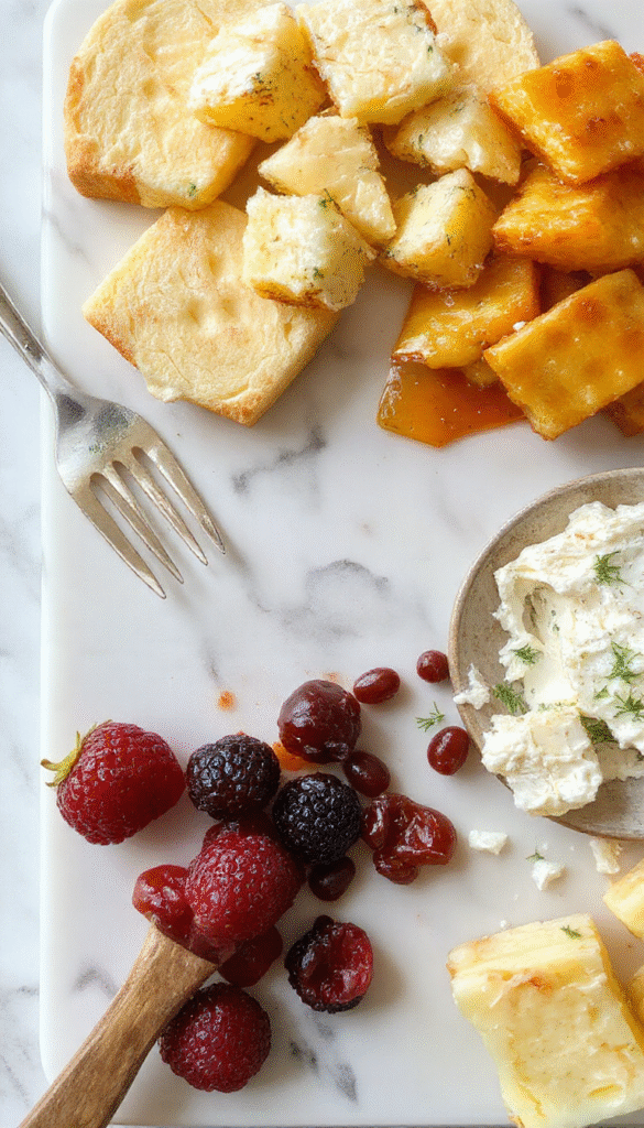 A vibrant summer cheese board arranged with colorful sliced cheeses, fresh fruits like strawberries, grapes, and slices of watermelon, alongside crackers and mini bowls of dips. The board has a playful, inviting arrangement suitable for kids, with bright lighting emphasizing the fresh, fruity ingredients and varied textures.