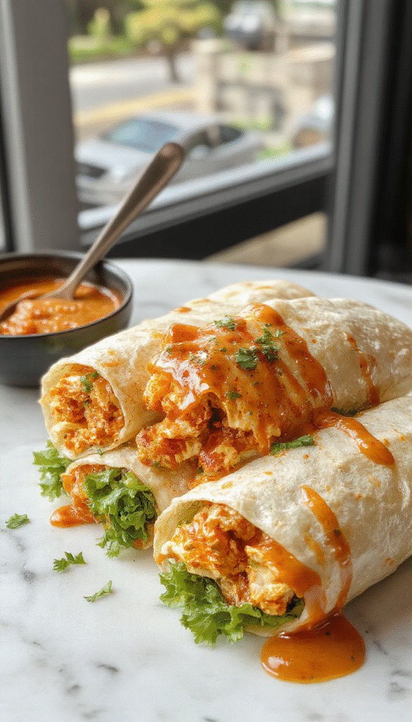 Colorful chicken wraps drizzled with vibrant sweet chili sauce, garnished with fresh cilantro and sesame seeds on a rustic wooden plate, with crisp lettuce and sliced vegetables, styled with a bright background and inviting lighting.