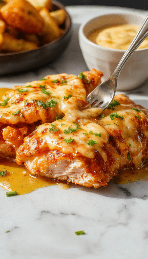 A close-up of honey butter chicken served on a white plate, golden-brown crispy pieces coated with shiny honey glaze, garnished with fresh herbs, with a rustic wooden background and a drizzle of honey on the side.