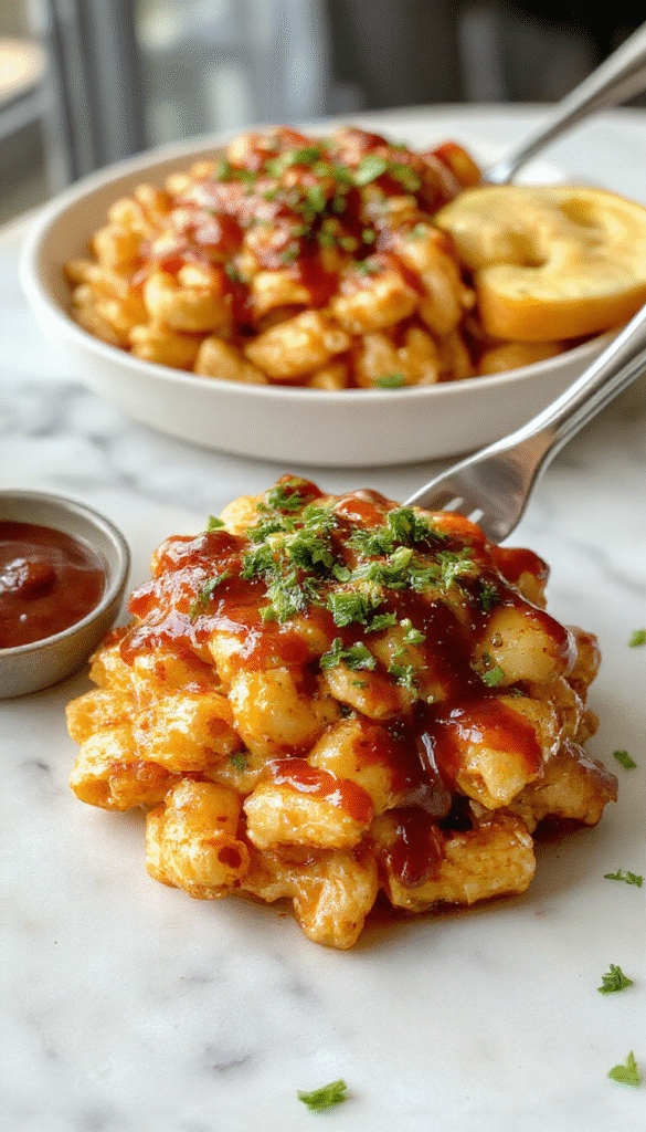 A vibrant bowl of creamy mac and cheese topped with golden grilled chicken pieces, drizzled with glossy honey BBQ sauce, garnished with chopped herbs, and served on a rustic wooden table.