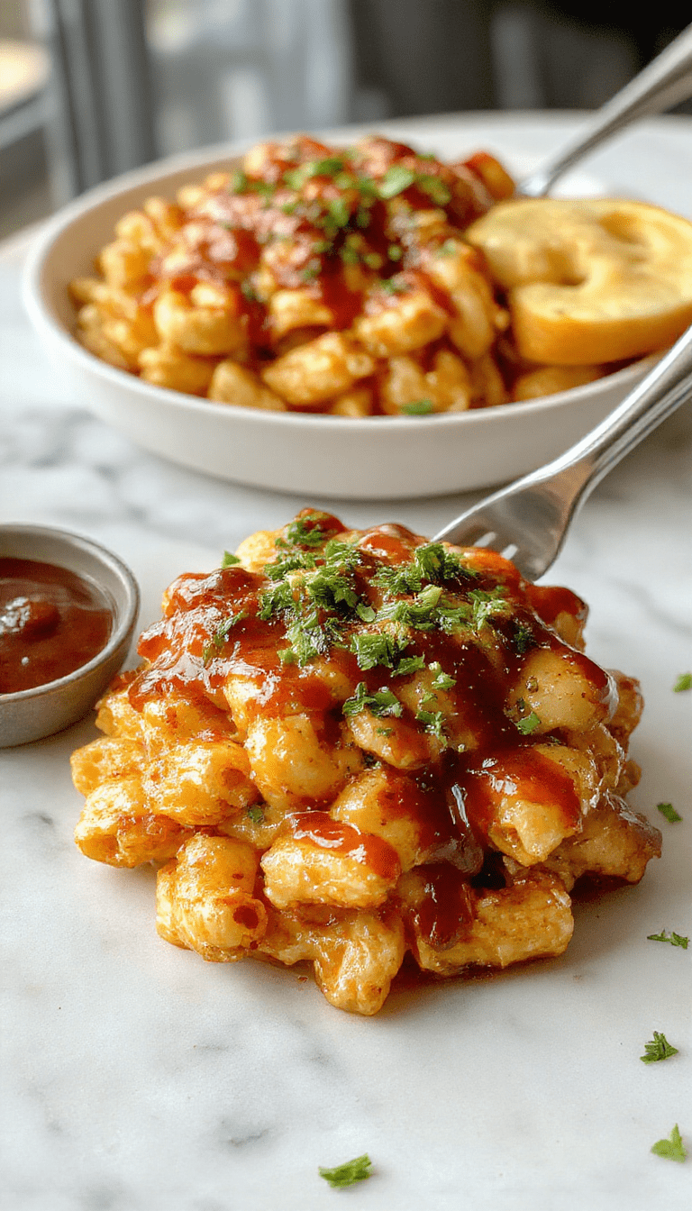A vibrant bowl of creamy mac and cheese topped with golden grilled chicken pieces, drizzled with glossy honey BBQ sauce, garnished with chopped herbs, and served on a rustic wooden table.