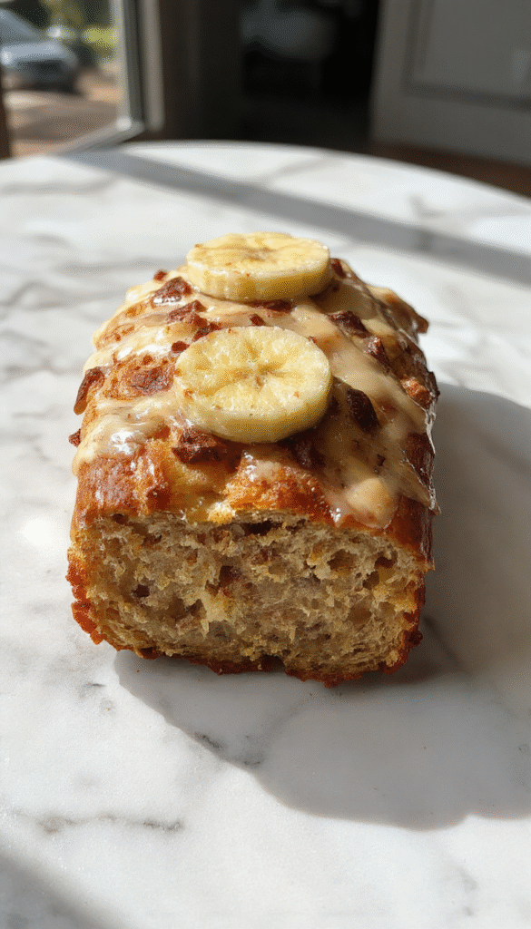 A sliced golden-brown banana bread loaf with a moist, tender crumb, topped with banana slices and a drizzle of caramel sauce, set on a rustic wooden surface with a cozy background.