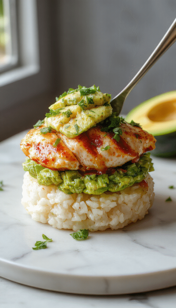 A vibrant bowl showcasing a layered rice stack topped with sliced grilled chicken coated in glossy honey lime glaze, creamy avocado slices, and fresh lime wedges. The dish is garnished with chopped cilantro and bright red chili flakes, presented on a rustic white plate with a colorful background of fresh ingredients and a drizzle of honey.