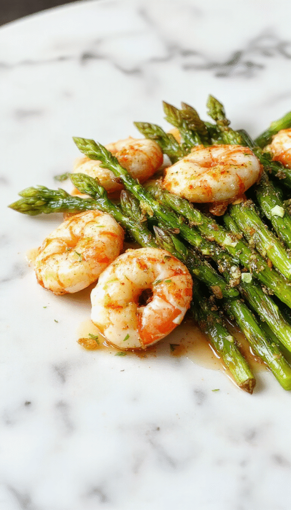 Colorful plate featuring succulent lemon garlic shrimp nestled beside vibrant green asparagus spears, garnished with fresh herbs on a white ceramic dish, styled with a rustic wooden background and natural lighting highlighting the glossy sauce and textures.