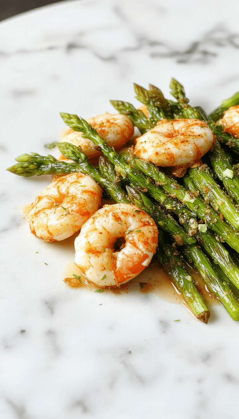 Colorful plate featuring succulent lemon garlic shrimp nestled beside vibrant green asparagus spears, garnished with fresh herbs on a white ceramic dish, styled with a rustic wooden background and natural lighting highlighting the glossy sauce and textures.
