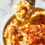 A vibrant bowl of crack corn dip with a golden-yellow hue, topped with shredded cheese, chopped green onions, and red pepper flakes, served alongside crispy tortilla chips arranged on a rustic wooden platter.