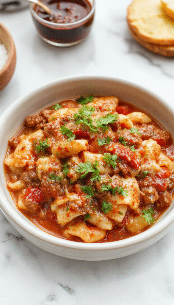 A close-up of a vibrant plate showcasing seasoned ground beef mixed with tender orzo pasta, topped with a rich tomato cream sauce, garnished with fresh basil and grated cheese, styled on a rustic wooden table with bright natural lighting