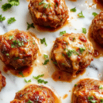 A close-up shot of golden-brown Italian meatballs sitting on a rustic plate, topped with fresh herbs and surrounded by a rich tomato sauce, with steam rising, styled on a wooden table with basil leaves and grated Parmesan in the background.