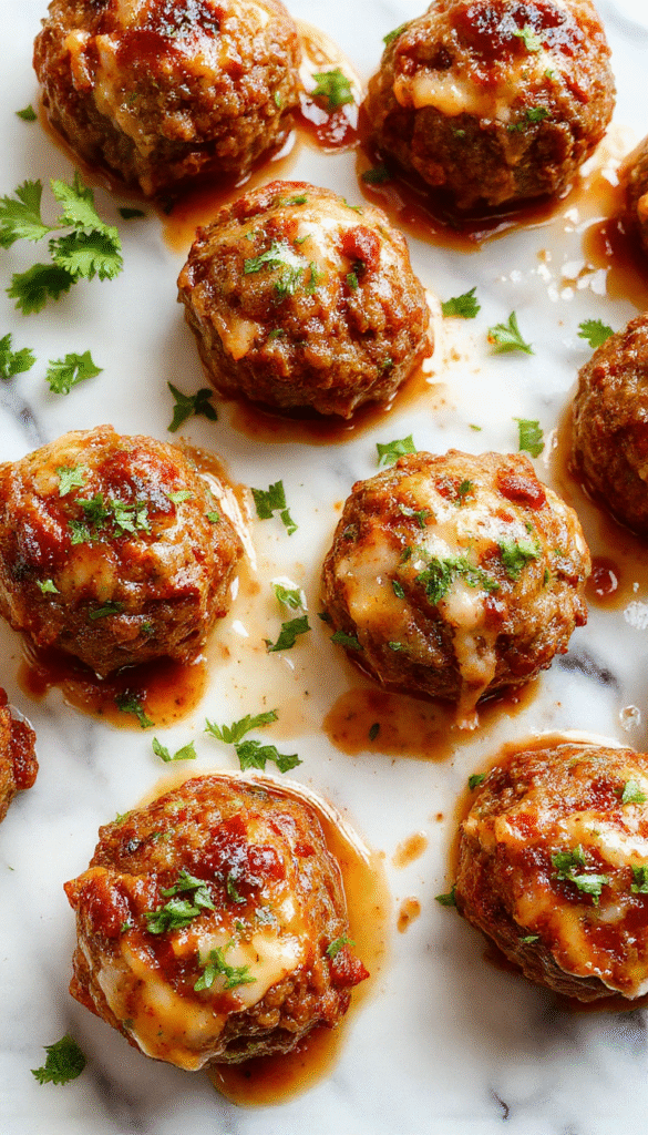A close-up shot of golden-brown Italian meatballs sitting on a rustic plate, topped with fresh herbs and surrounded by a rich tomato sauce, with steam rising, styled on a wooden table with basil leaves and grated Parmesan in the background.