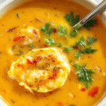 A vibrant bowl of turmeric chicken soup featuring golden yellow broth with shredded chicken, fresh herbs, and a sprinkle of pepper, served in a rustic white bowl on a wooden table, with a lemon wedge and turmeric root nearby, showcasing a cozy, health-conscious presentation.
