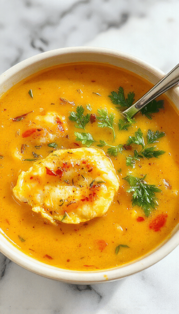 A vibrant bowl of turmeric chicken soup featuring golden yellow broth with shredded chicken, fresh herbs, and a sprinkle of pepper, served in a rustic white bowl on a wooden table, with a lemon wedge and turmeric root nearby, showcasing a cozy, health-conscious presentation.