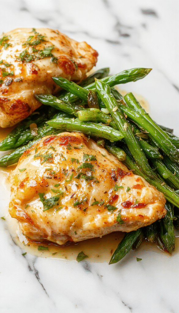 Plate of golden-brown lemon garlic butter chicken thighs garnished with fresh herbs, served alongside vibrant bright green cooked green beans, shiny lemon slices, and a drizzle of buttery sauce on a white ceramic plate, with a rustic wooden table background.