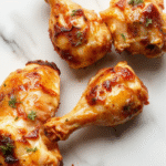 Plate of golden-brown baked chicken legs garnished with fresh herbs on a rustic wooden table, with crispy skin and moist meat visible, styled simply for a home-cooked appeal.