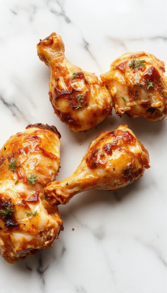 Plate of golden-brown baked chicken legs garnished with fresh herbs on a rustic wooden table, with crispy skin and moist meat visible, styled simply for a home-cooked appeal.